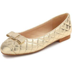 Feversole Women's Gold Quilted Toe Cap Synthetic Square Toe Slip On Ballet Flats